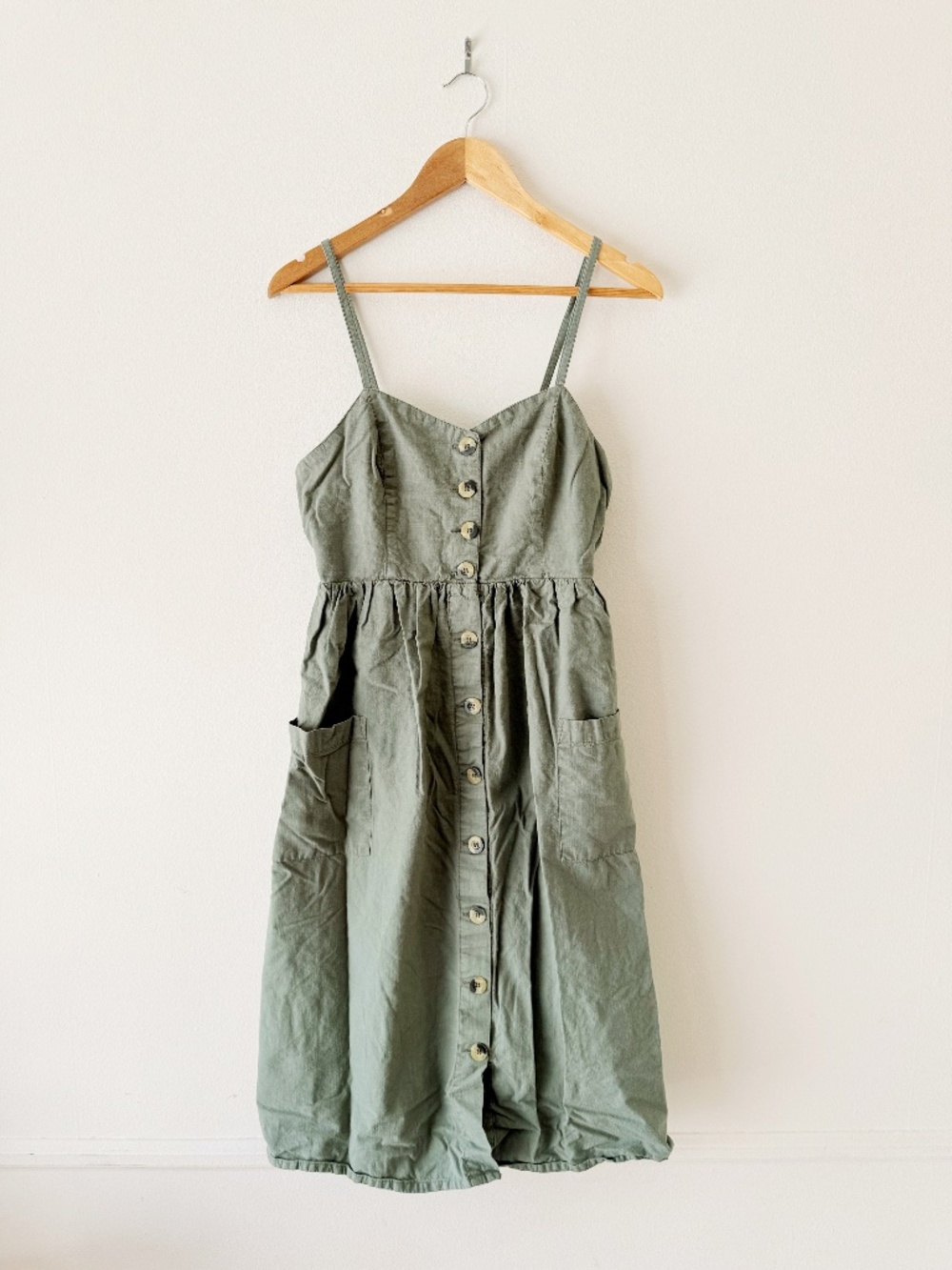 olive green linen button front midi dress
